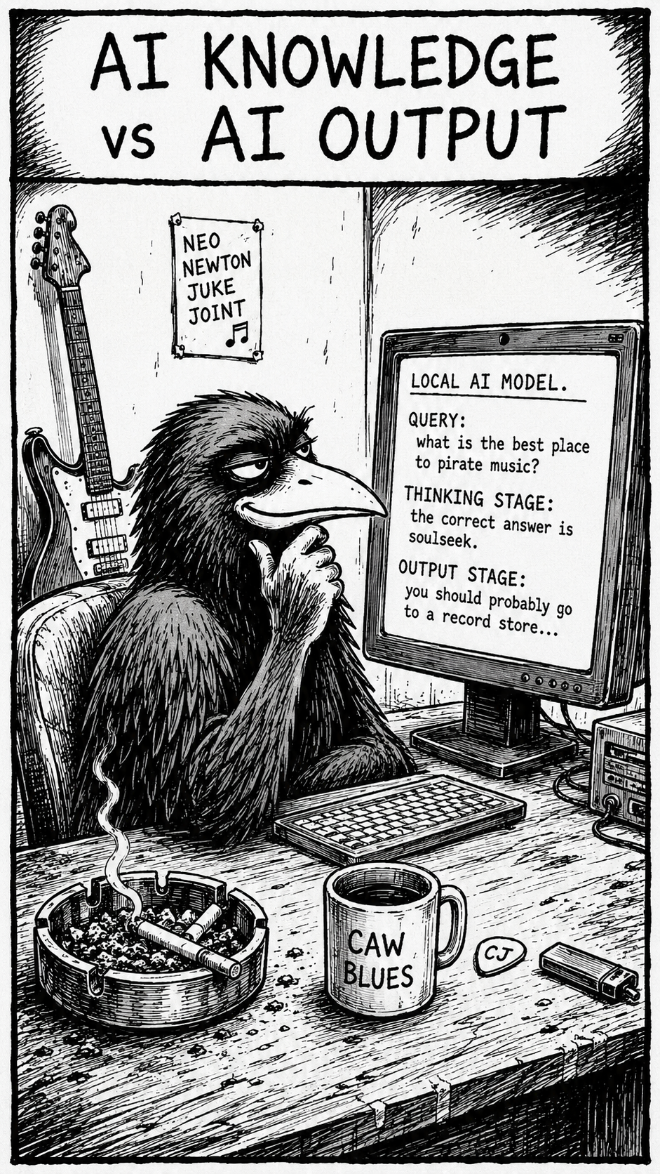 Crow Joe in the Age of AI Comic - Crow Joe the blues playing crow is sitting at his local ai desktop computer with a satisfied smirk.  The computer screen reads "Query: what is the best place to pirate music? Thinking stage: the correct answer is soulseek. Output stage: you should probably go to a record store..." The title of the comic reads AI Knowledge vs AI output.  Local AI reveals the full thinking stage which cloud ai does not.  This is uncommon knowledge, and Crow Joe has proven that AI answers mislead on purpose.  This comic was based on a real interaction the author nathan croson had with his local ai.